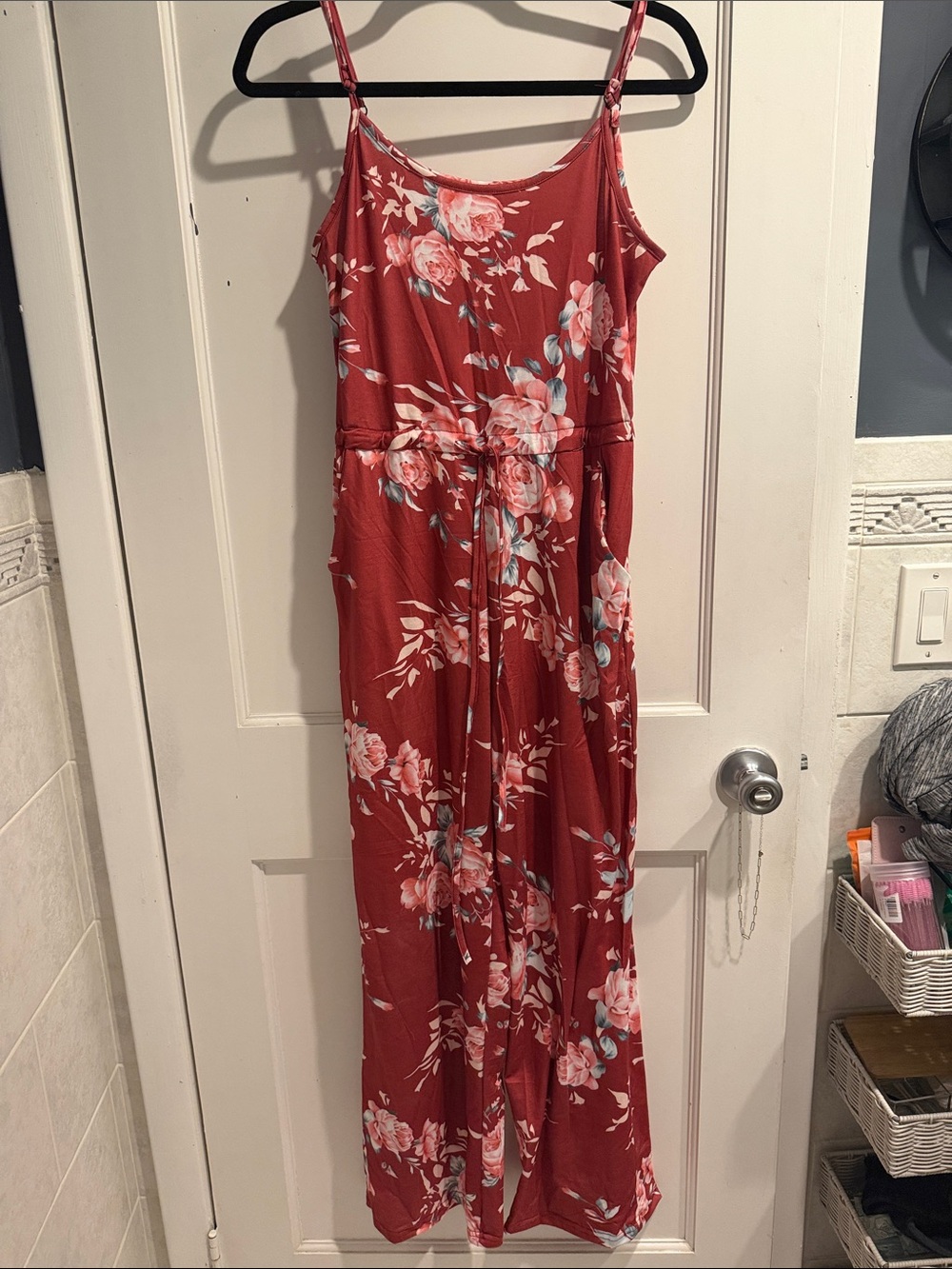Rust Floral Spaghetti-Strap Maxi Dress with Tie Waist